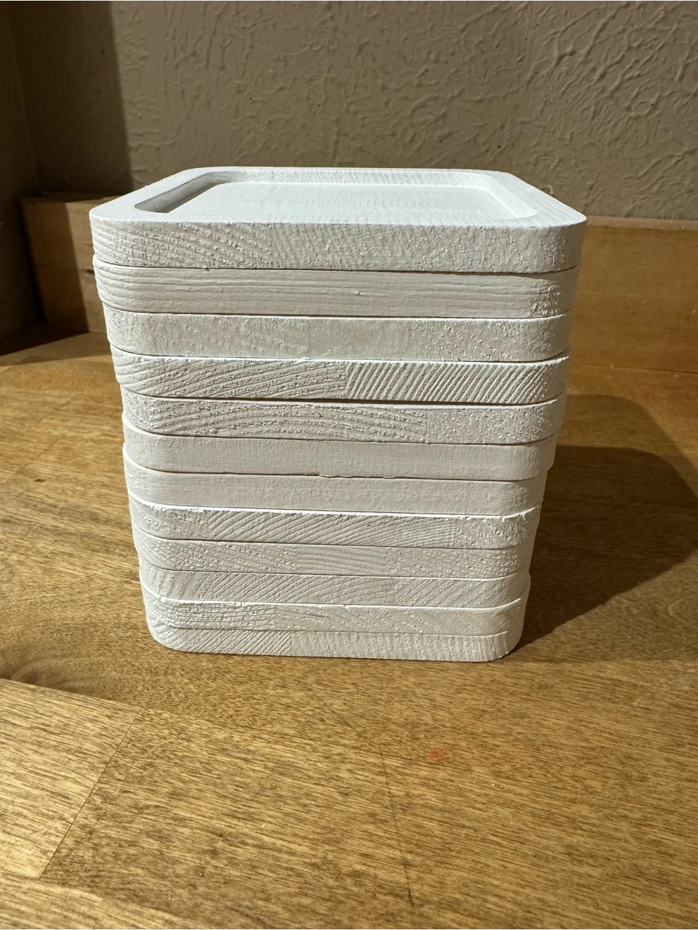 Set of 12- White Painted Square Pinewood Coasters